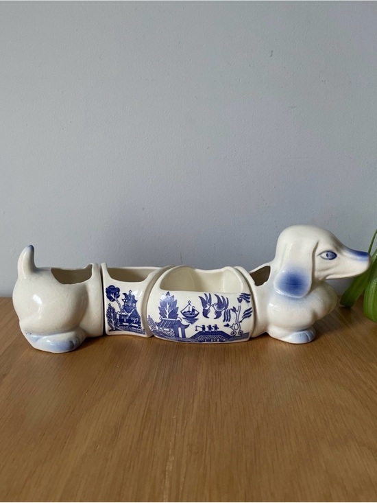 Other - Vintage Blue Willow Dachshund 4-Piece Ceramic Planter Snack Set Japan